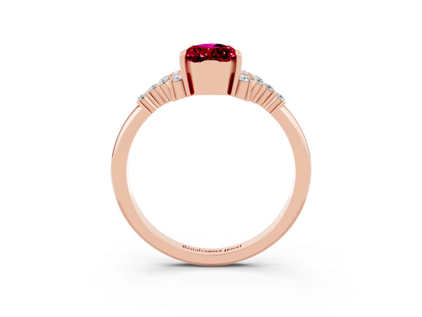Rose gold Pear Cut Garnet Ring with Side Stones and Four-Prong Setting