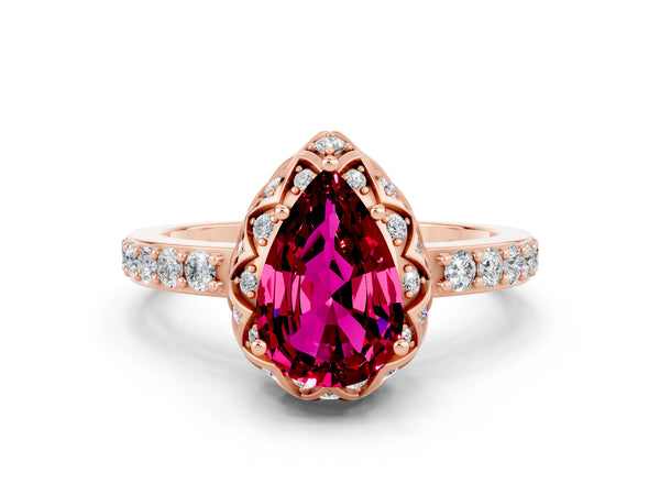 Rose gold Pear Cut Garnet Scalloped Halo Engagement Ring with Round Shared Prong Band