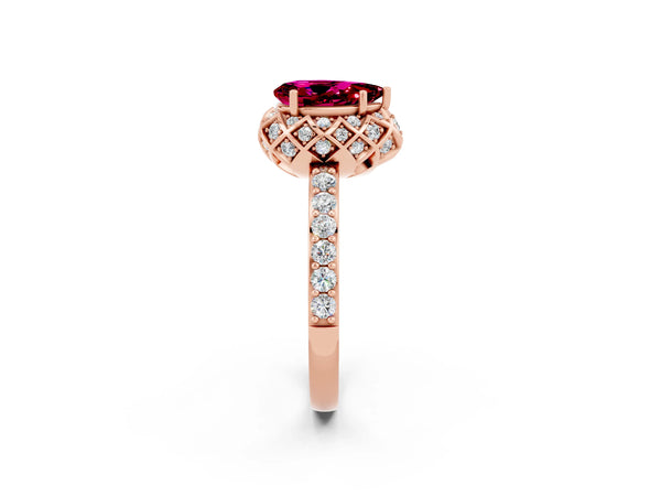 Rose gold Pear Cut Garnet Scalloped Halo Engagement Ring with Round Shared Prong Band