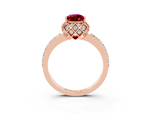 Rose gold Pear Cut Garnet Scalloped Halo Engagement Ring with Round Shared Prong Band