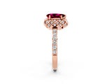 Rose gold Pear Cut Garnet Scalloped Halo Engagement Ring with Round Shared Prong Band_26