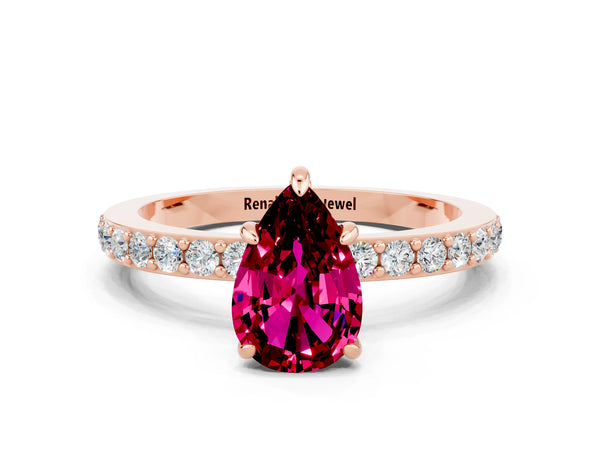 Rose gold Pear Cut Garnet Solitaire Engagement Ring with Pavé Band and Four-Prong Setting