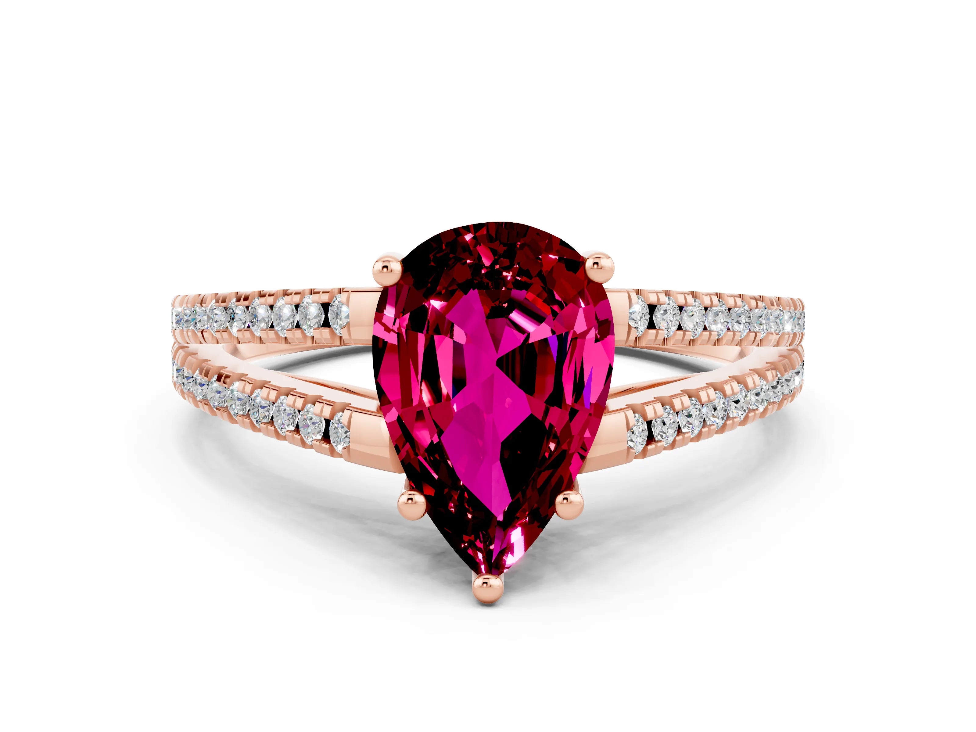Rose gold Pear Cut Garnet Solitaire Engagement Ring with Split Shank Pavé Band