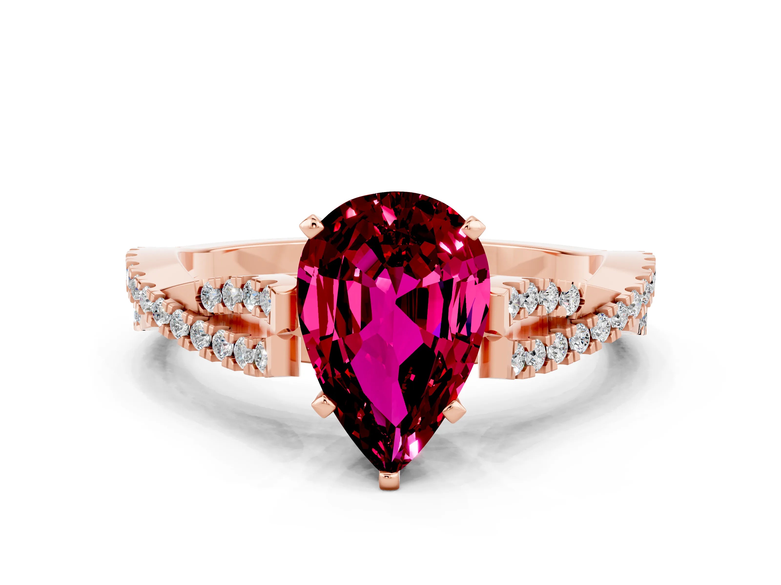 Rose gold Pear Cut Garnet Solitaire Engagement Ring with Twisted Pavé Band and Four-Prong Setting