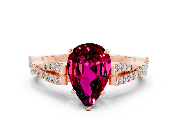 Rose gold Pear Cut Garnet Solitaire Engagement Ring with Twisted Pavé Band and Four-Prong Setting