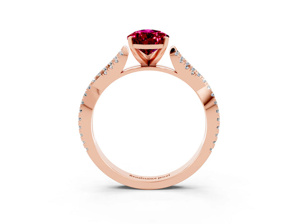 Rose gold Pear Cut Garnet Solitaire Engagement Ring with Twisted Pavé Band and Four-Prong Setting