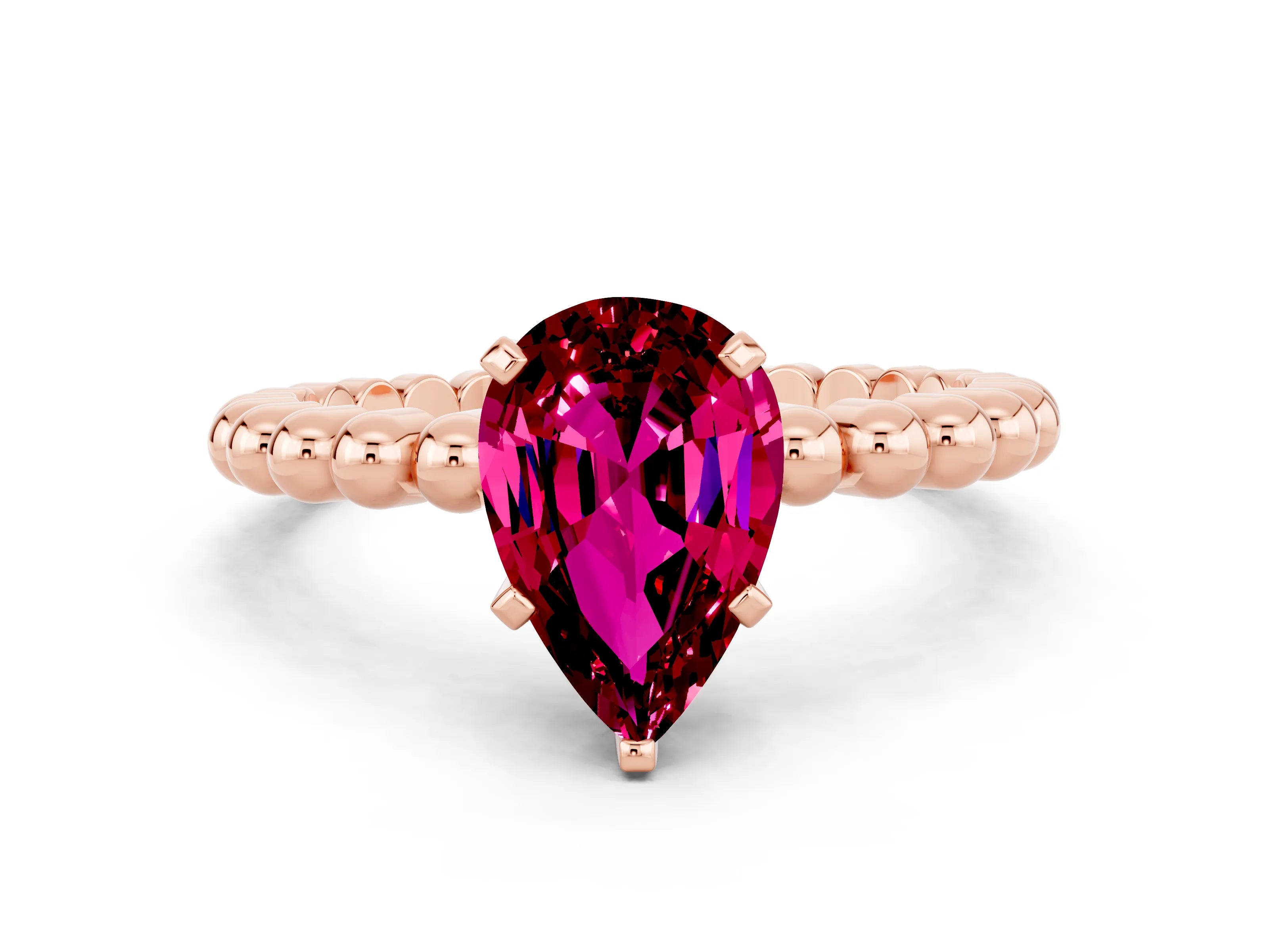 Rose gold Pear Cut Garnet Solitaire Ring with Beaded Band and Prong Setting