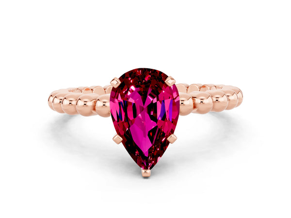 Rose gold Pear Cut Garnet Solitaire Ring with Beaded Band and Prong Setting