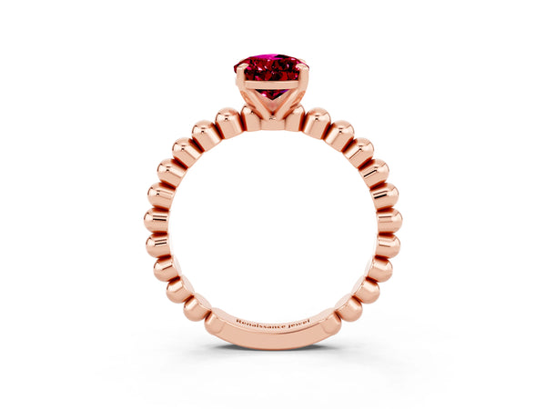 Rose gold Pear Cut Garnet Solitaire Ring with Beaded Band and Prong Setting