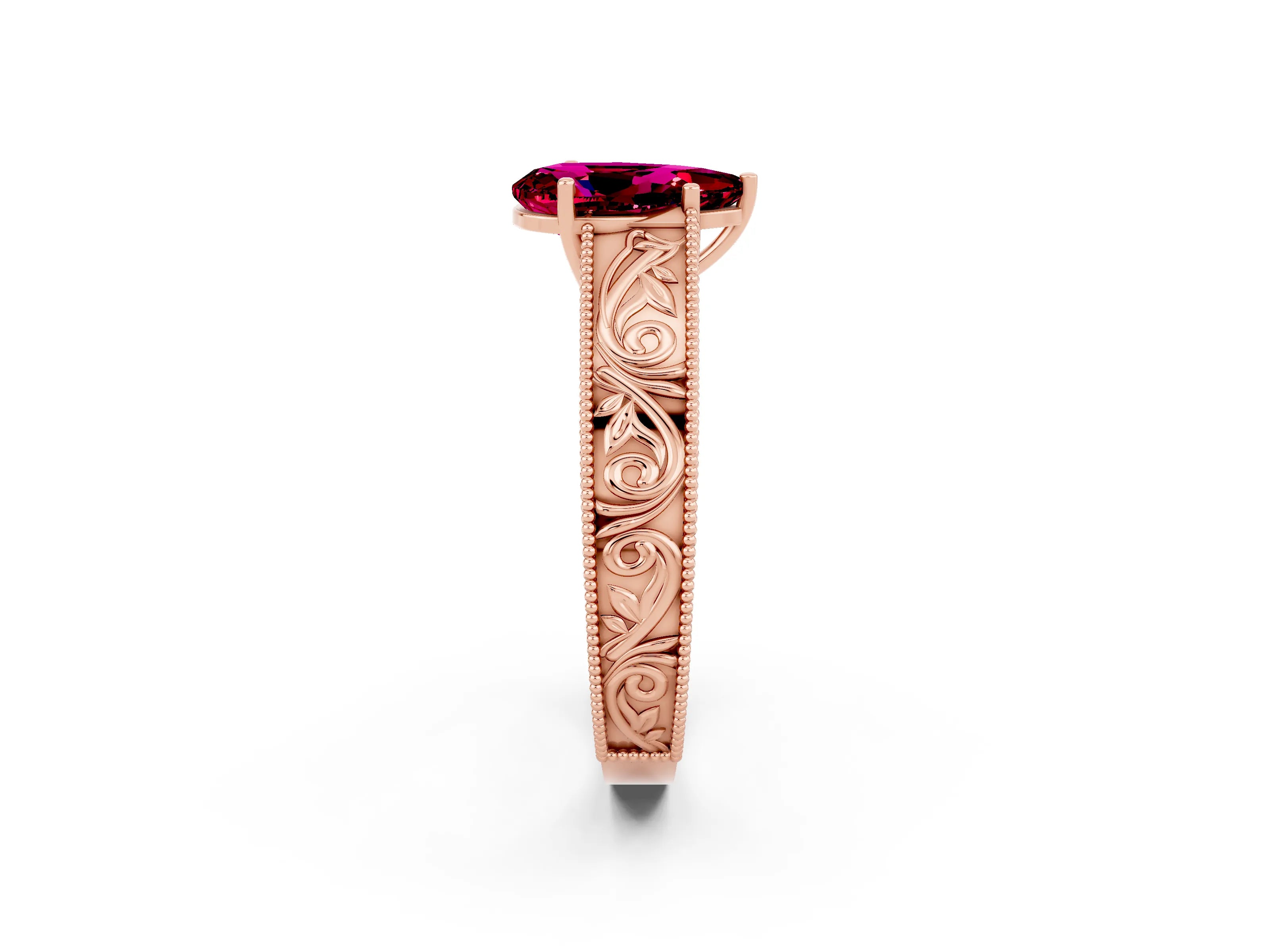 Rose gold Pear Cut Garnet Solitaire Ring with Engraved Band and Four-Prong Setting_2