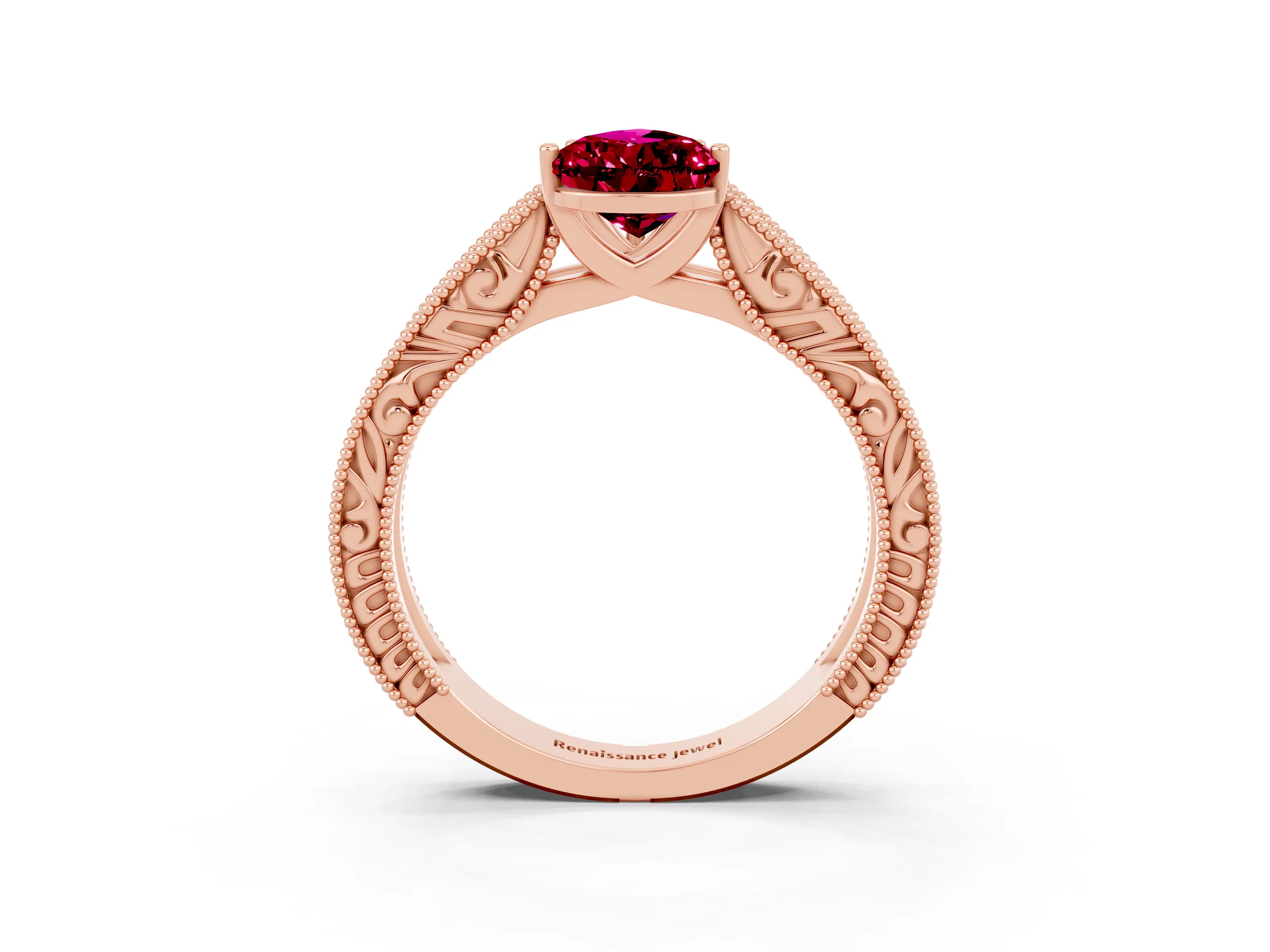 Rose gold Pear Cut Garnet Solitaire Ring with Engraved Band and Four-Prong Setting_3