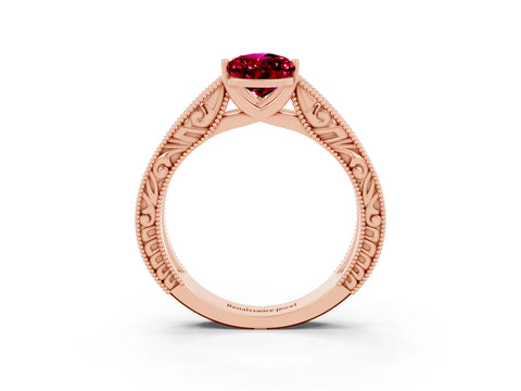 Rose gold Pear Cut Garnet Solitaire Ring with Engraved Band and Four-Prong Setting_3