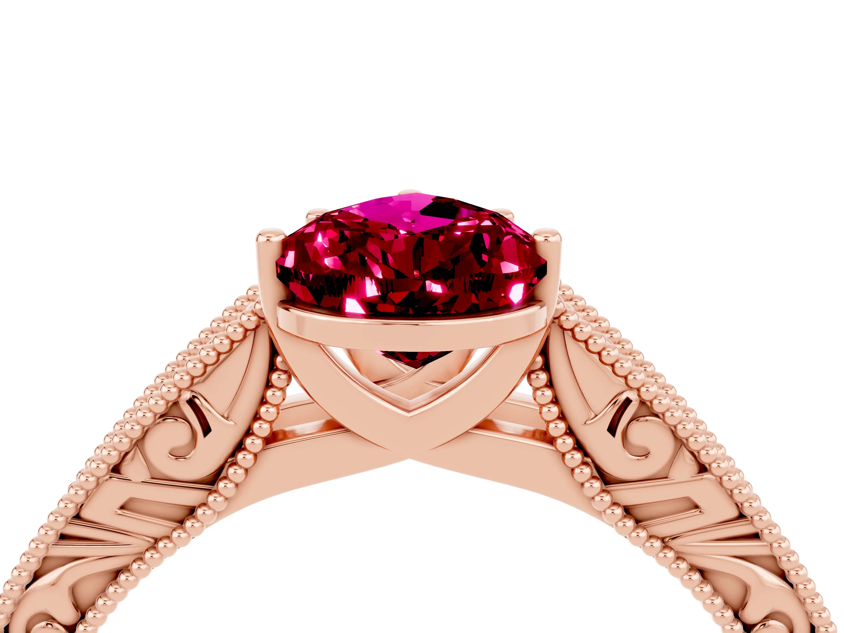 Rose gold Pear Cut Garnet Solitaire Ring with Engraved Band and Four-Prong Setting_4