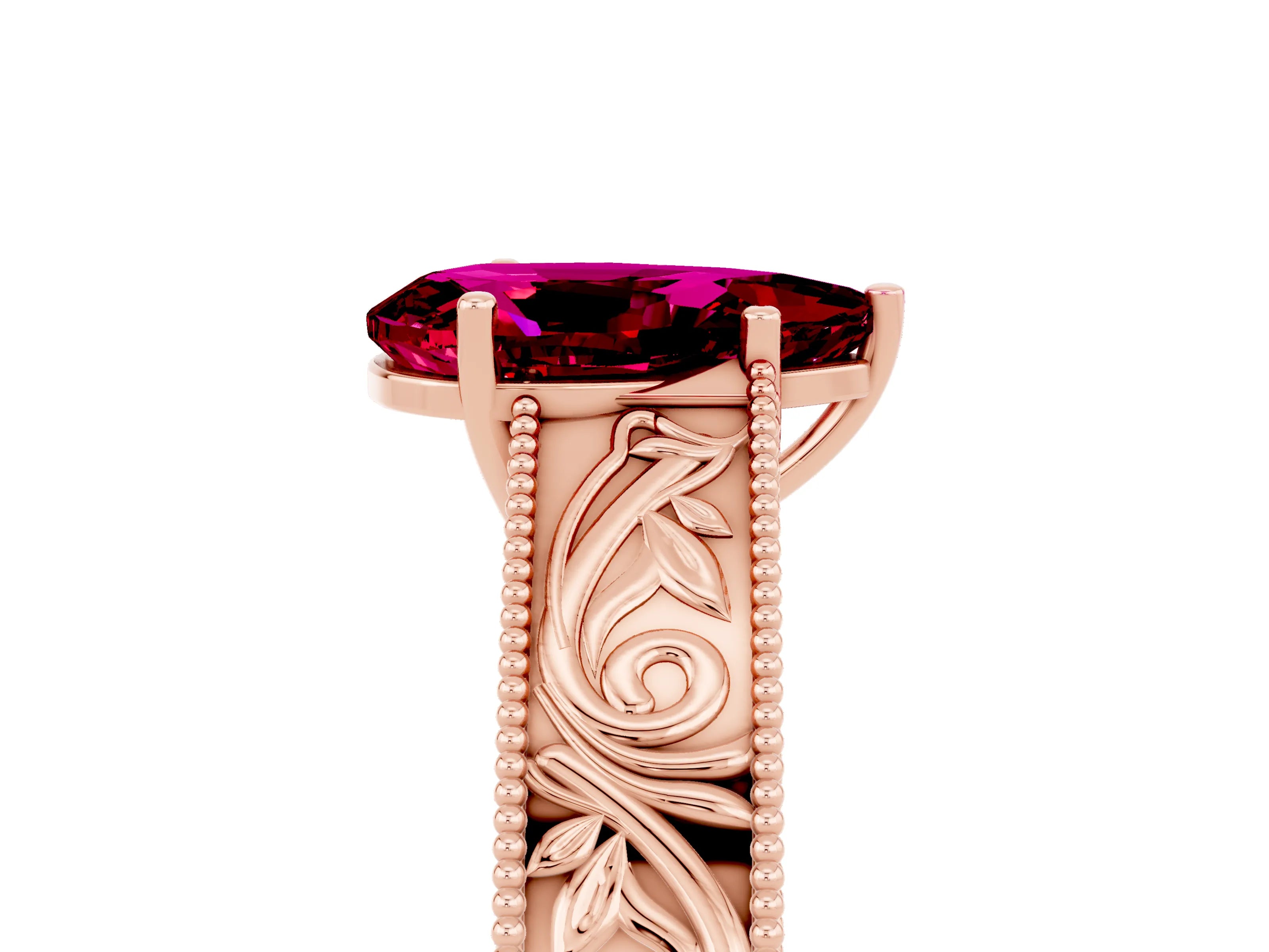 Rose gold Pear Cut Garnet Solitaire Ring with Engraved Band and Four-Prong Setting_5