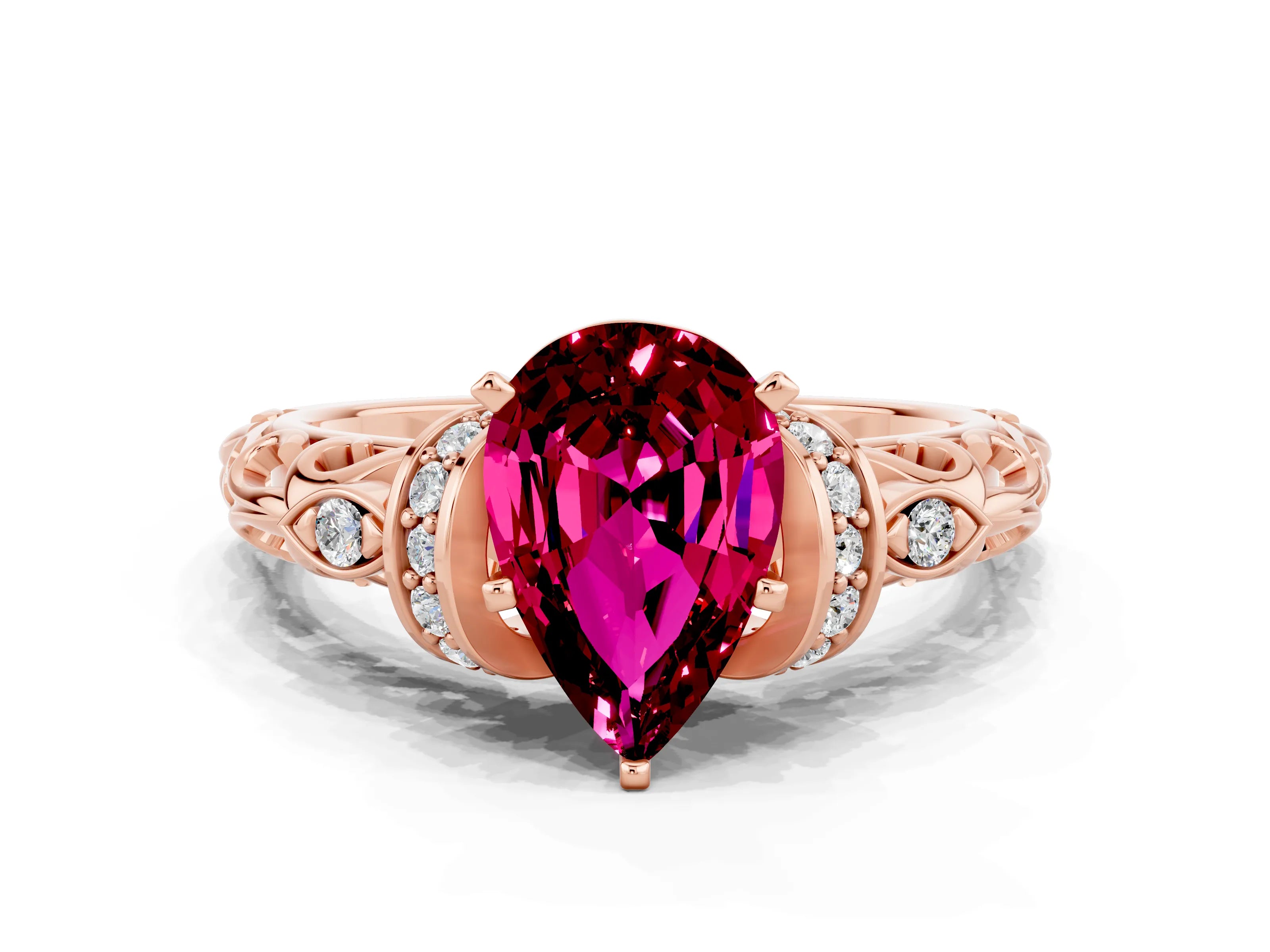 Rose gold Pear Cut Garnet Solitaire Ring with Filigree Band and Four-Prong Setting_24