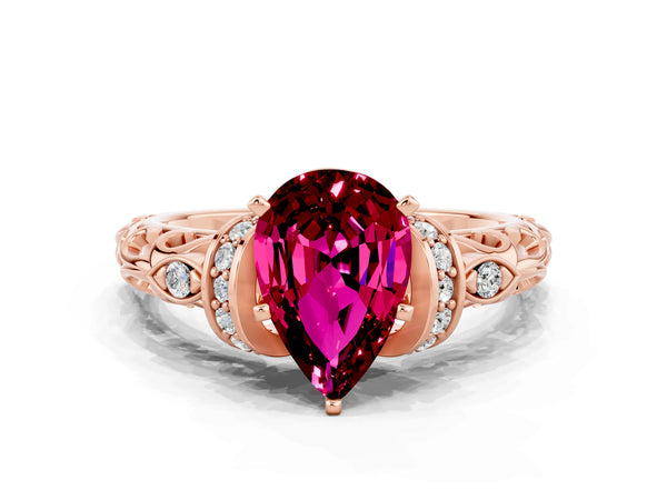 Rose gold Pear Cut Garnet Solitaire Ring with Filigree Band and Four-Prong Setting