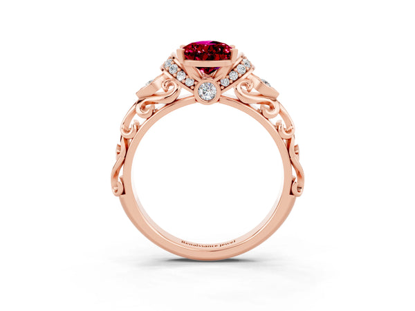 Rose gold Pear Cut Garnet Solitaire Ring with Filigree Band and Four-Prong Setting