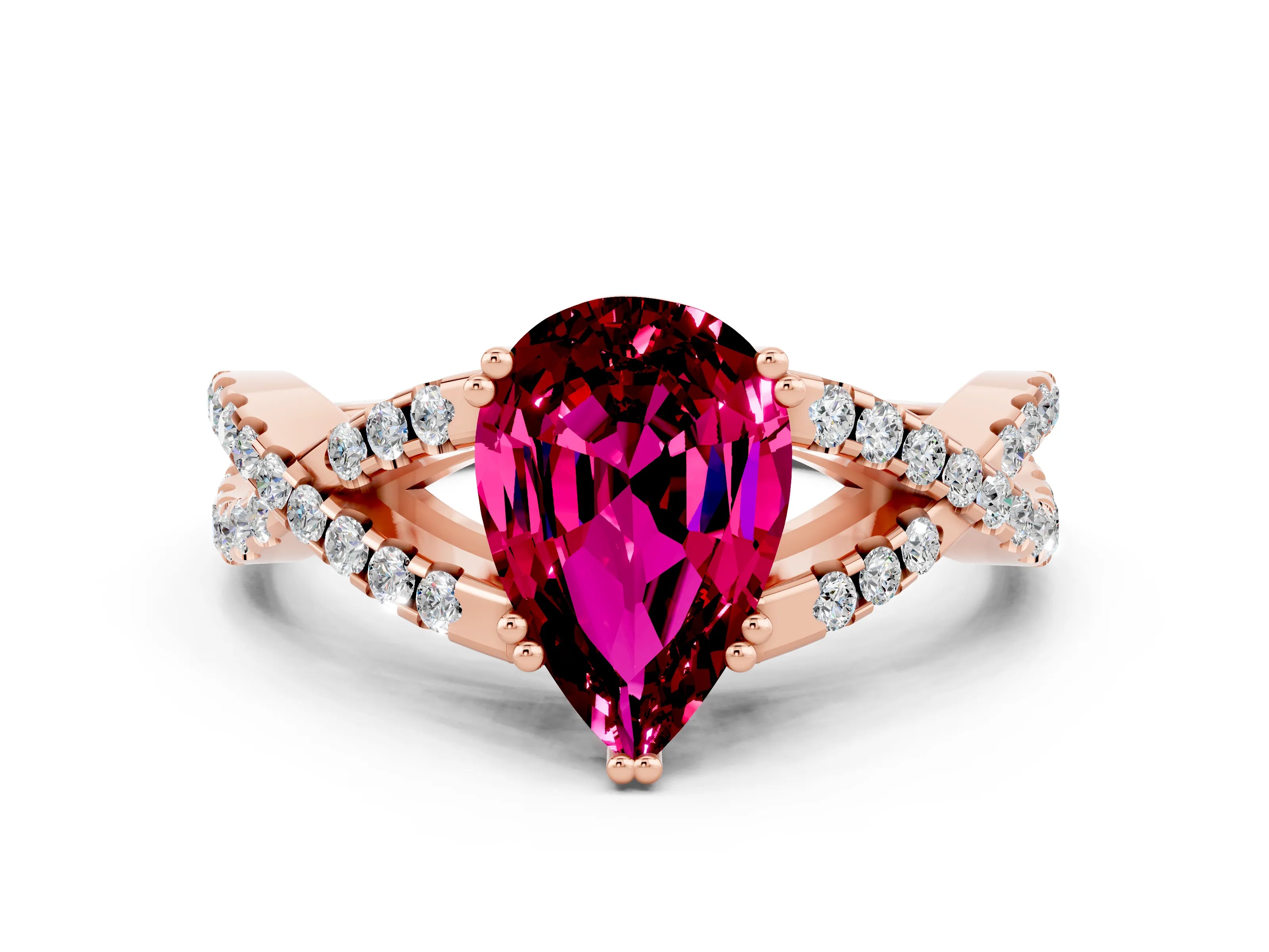 Rose gold Pear Cut Garnet Solitaire Ring with Four-Prong Setting and Twisted Pavé Band