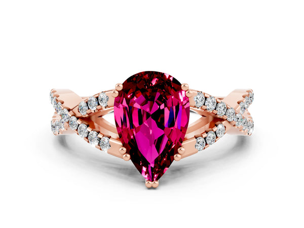 Rose gold Pear Cut Garnet Solitaire Ring with Four-Prong Setting and Twisted Pavé Band