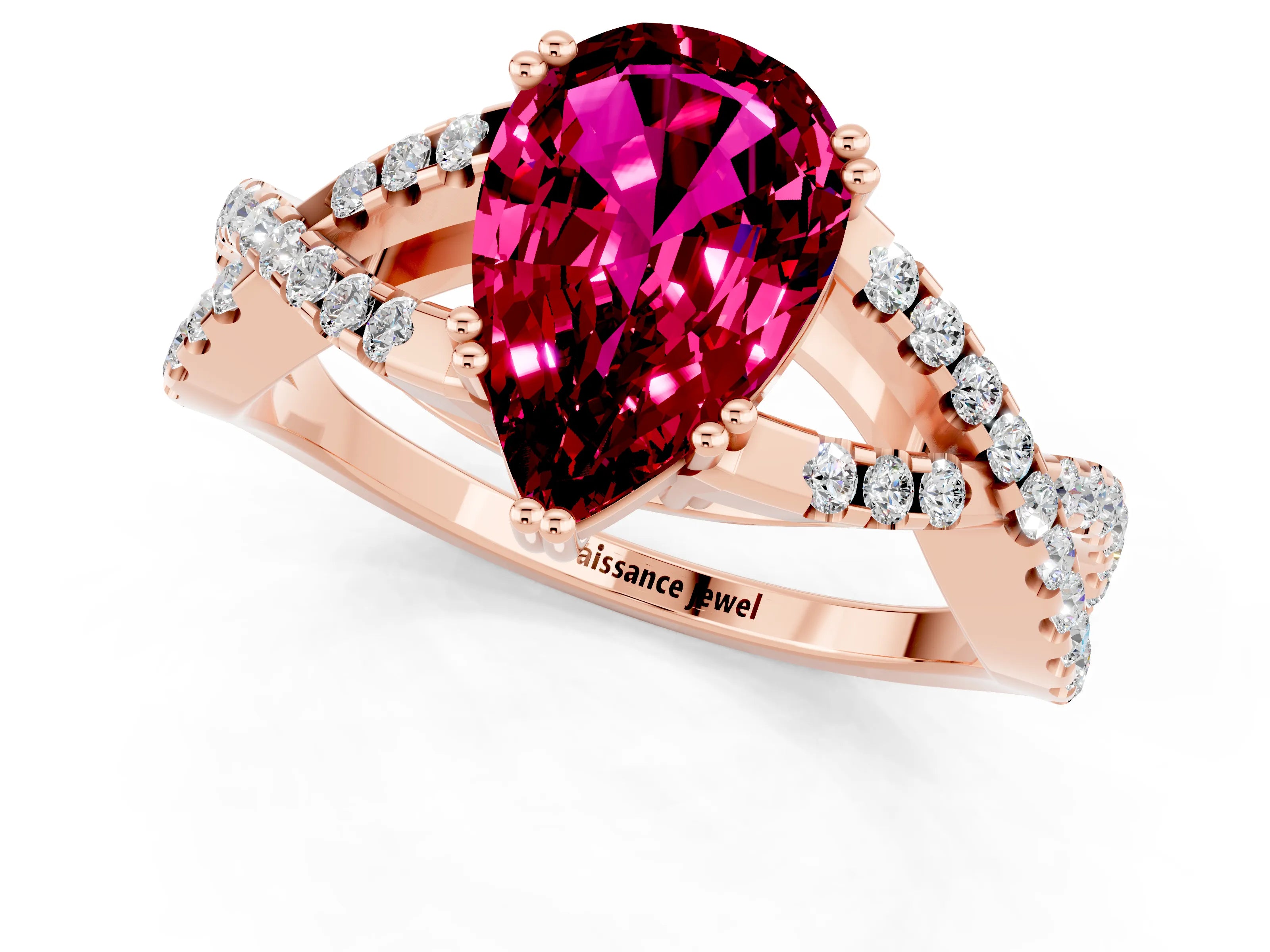 Rose gold Pear Cut Garnet Solitaire Ring with Four-Prong Setting and Twisted Pavé Band_1