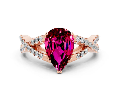 Rose gold Pear Cut Garnet Solitaire Ring with Four-Prong Setting and Twisted Pavé Band
