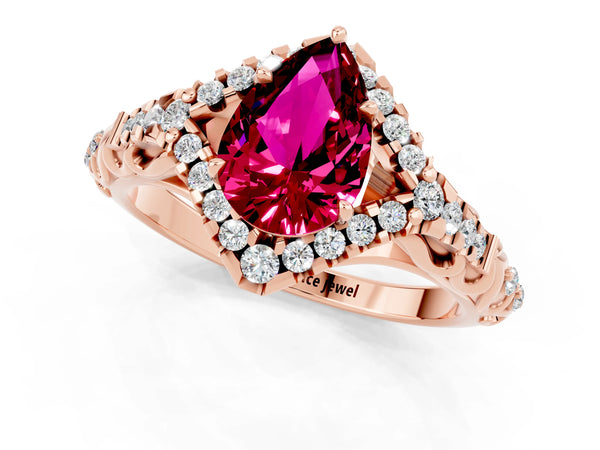 Rose gold Pear Cut Garnet Solitaire Ring with Hidden Halo and Pavé Band
