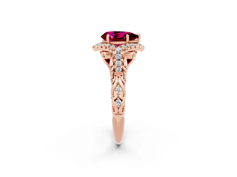Rose gold Pear Cut Garnet Solitaire Ring with Hidden Halo and Pavé Band_14