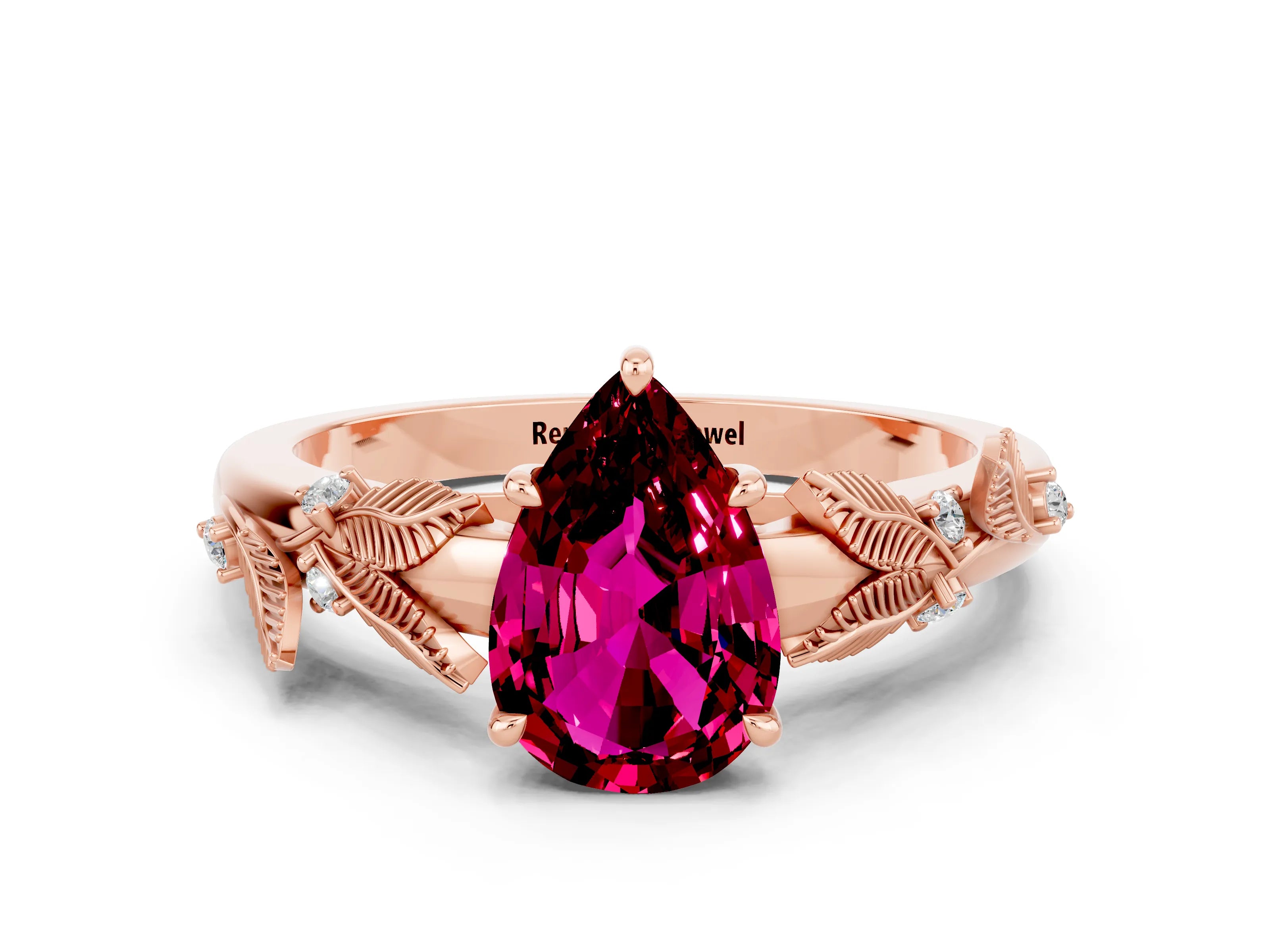 Rose gold Pear Cut Garnet Solitaire Ring with Leaf Motif Band and Four-Prong Setting