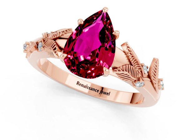 Rose gold Pear Cut Garnet Solitaire Ring with Leaf Motif Band and Four-Prong Setting