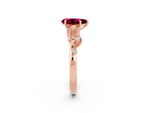 Rose gold Pear Cut Garnet Solitaire Ring with Leaf Motif Band and Four-Prong Setting_2
