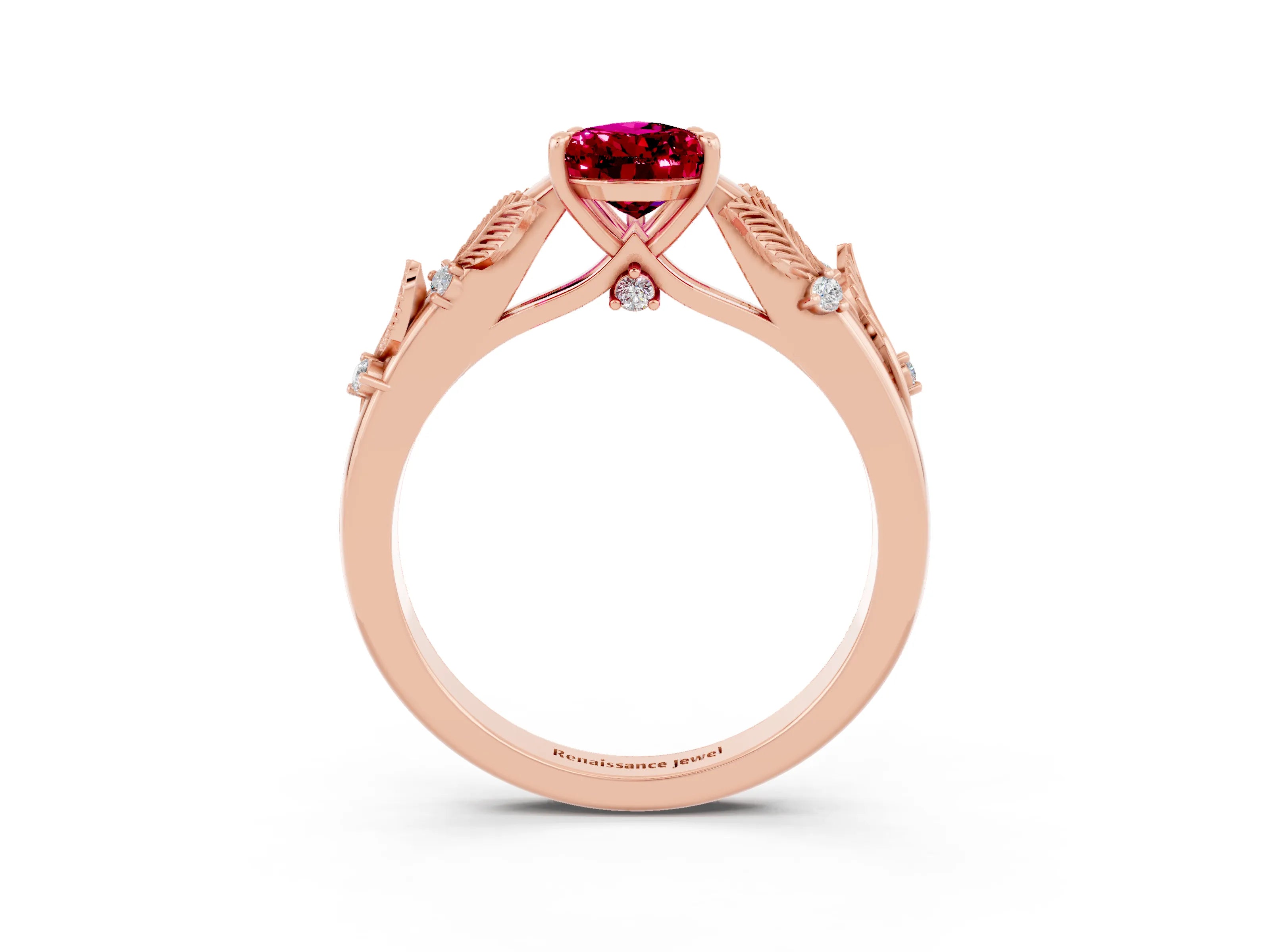 Rose gold Pear Cut Garnet Solitaire Ring with Leaf Motif Band and Four-Prong Setting_3
