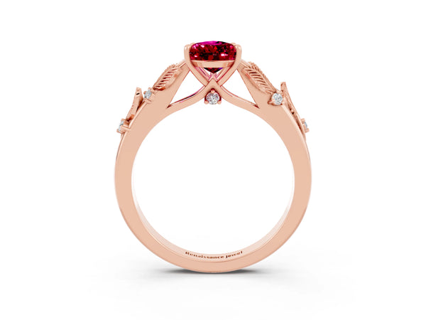 Rose gold Pear Cut Garnet Solitaire Ring with Leaf Motif Band and Four-Prong Setting