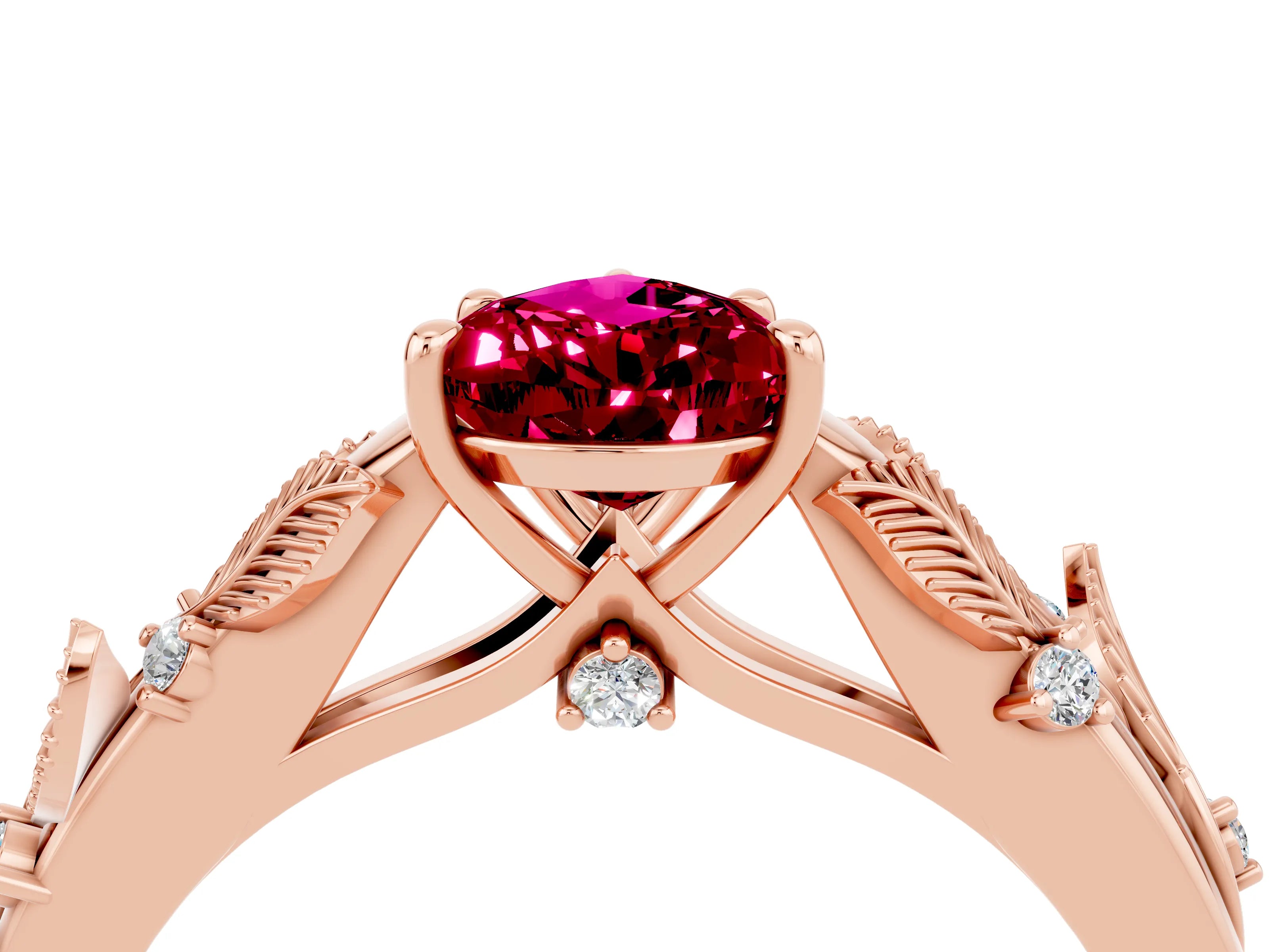 Rose gold Pear Cut Garnet Solitaire Ring with Leaf Motif Band and Four-Prong Setting_4