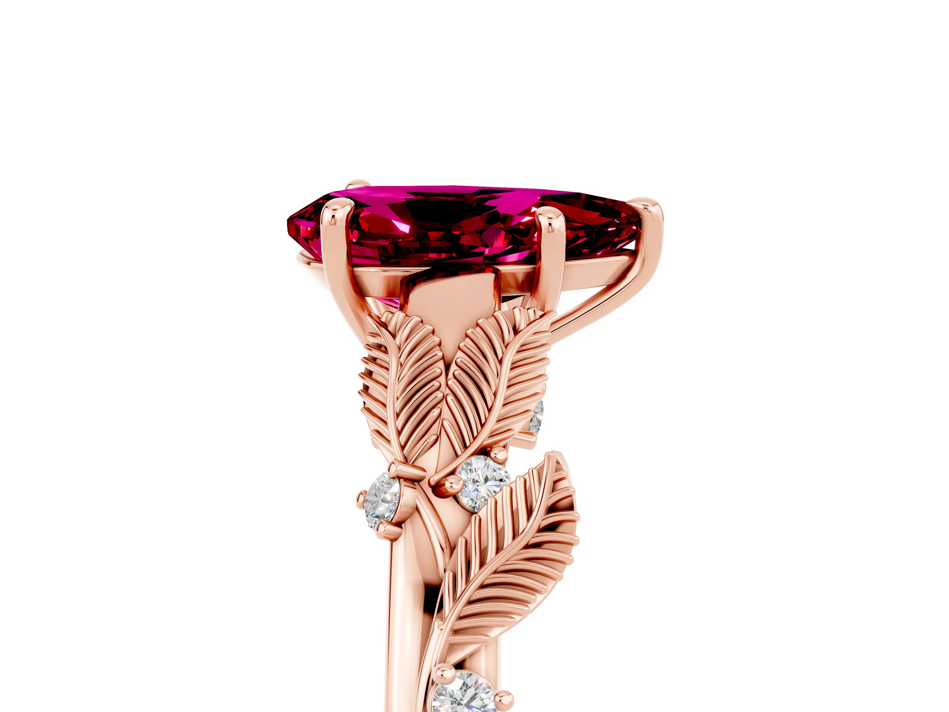 Rose gold Pear Cut Garnet Solitaire Ring with Leaf Motif Band and Four-Prong Setting_5