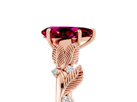 Rose gold Pear Cut Garnet Solitaire Ring with Leaf Motif Band and Four-Prong Setting_5