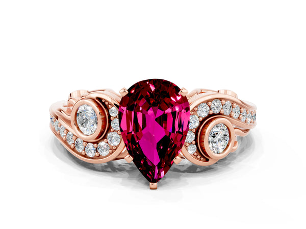Rose gold Pear Cut Garnet Solitaire Ring with Milgrain Pavé Band and Four-Prong Setting