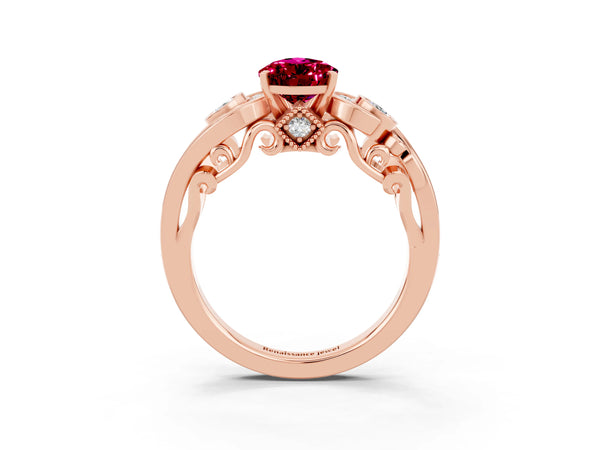 Rose gold Pear Cut Garnet Solitaire Ring with Milgrain Pavé Band and Four-Prong Setting