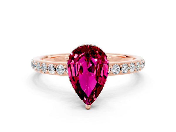 Rose gold Pear Cut Garnet Solitaire Ring with Pavé Band and Hidden Halo
