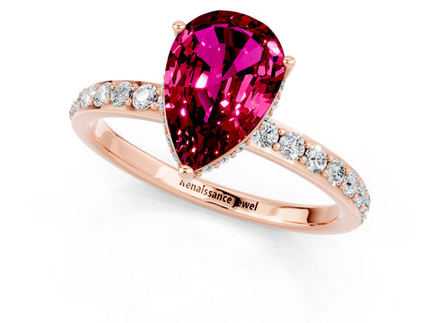Rose gold Pear Cut Garnet Solitaire Ring with Pavé Band and Hidden Halo_13