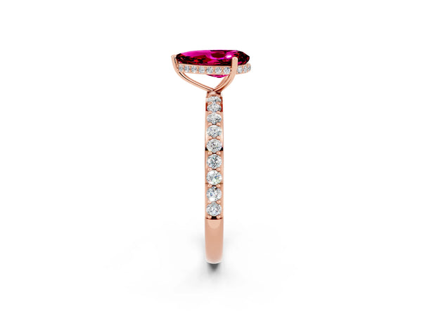 Rose gold Pear Cut Garnet Solitaire Ring with Pavé Band and Hidden Halo