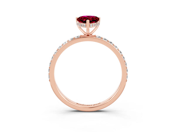 Rose gold Pear Cut Garnet Solitaire Ring with Pavé Band and Hidden Halo