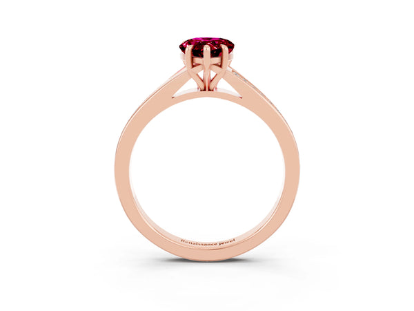 Rose gold Pear Cut Garnet Solitaire Ring with Pavé Band and Prong Setting