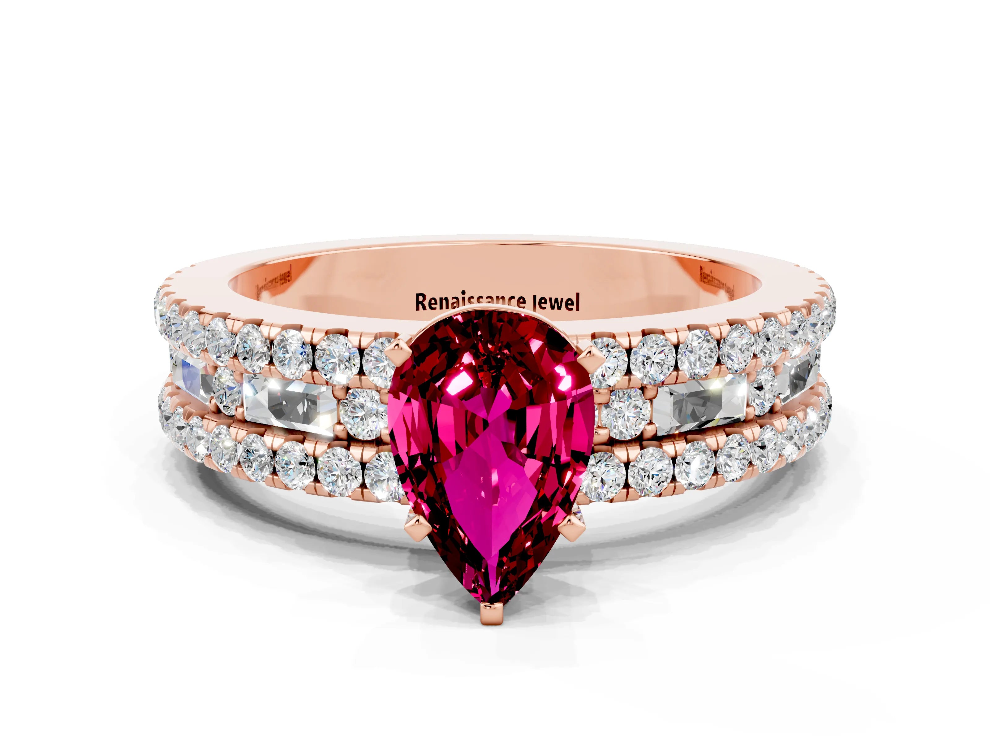 Rose gold Pear Cut Garnet Solitaire Ring with Pavé and Channel Set Band