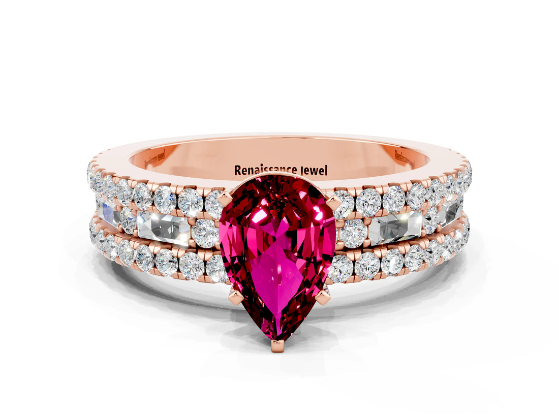 Rose gold Pear Cut Garnet Solitaire Ring with Pavé and Channel Set Band