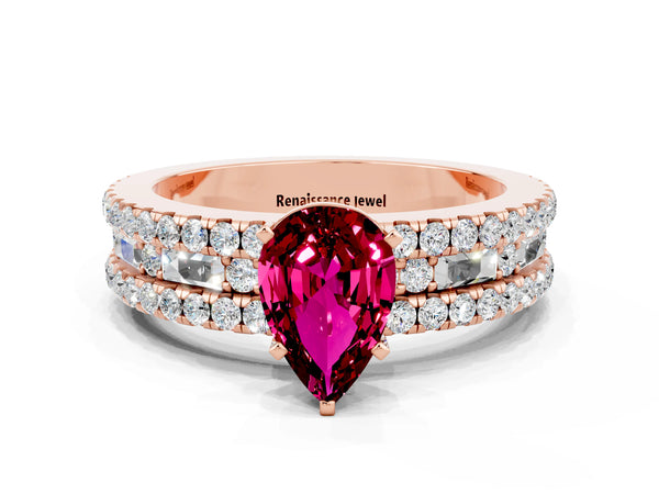 Rose gold Pear Cut Garnet Solitaire Ring with Pavé and Channel Set Band
