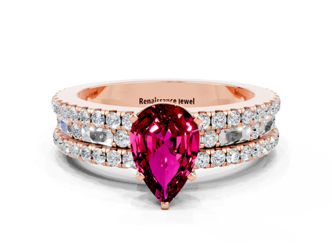 Rose gold Pear Cut Garnet Solitaire Ring with Pavé and Channel Set Band