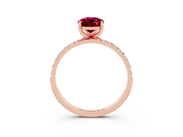 Rose gold Pear Cut Garnet Solitaire Ring with Round  Pavé Band and Prong Setting