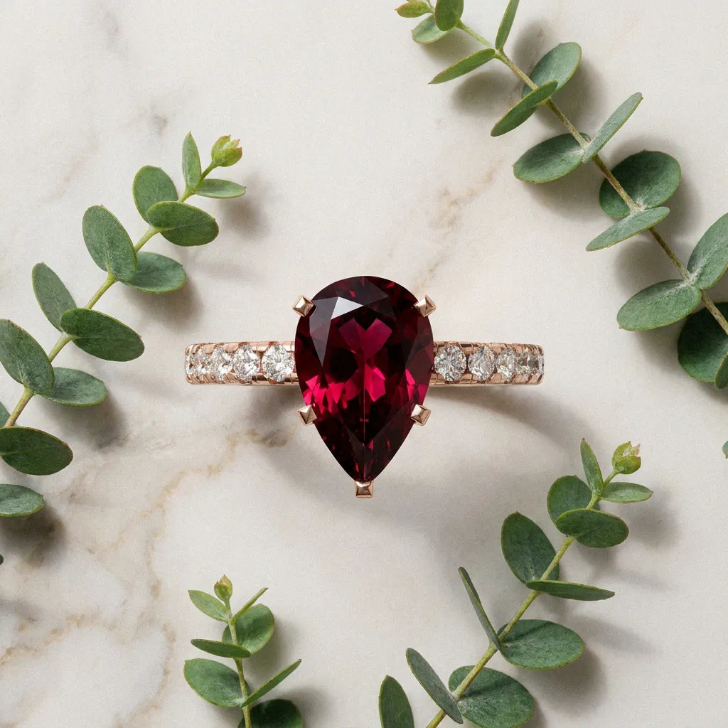 Rose gold Pear Cut Garnet Solitaire Ring with Round  Pavé Band and Four-Prong Setting_33