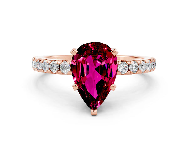 Rose gold Pear Cut Garnet Solitaire Ring with Round Pavé Band and Four-Prong Setting