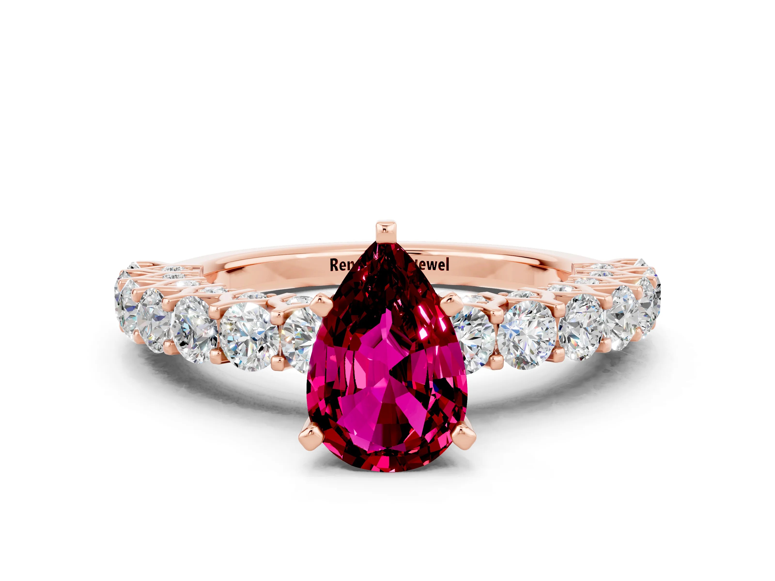 Rose gold Pear Cut Garnet Solitaire Ring with Shared Prong Pavé Band and Four-Prong Setting